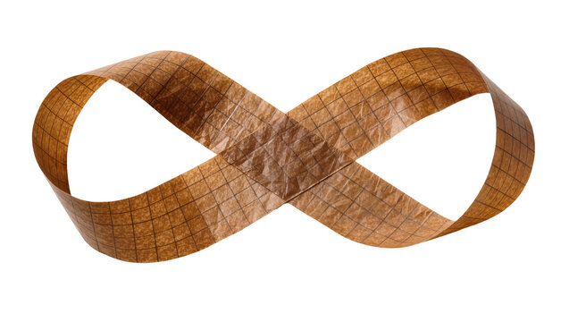 Brown paper Mobius strip with grid pattern, isolated on transparent background