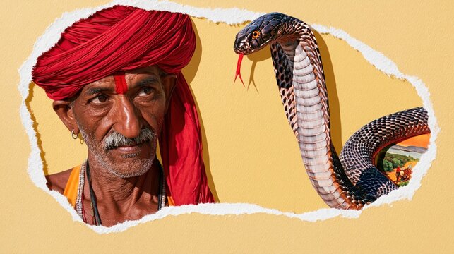 Old man wearing red turban looks at Indian snake emerging