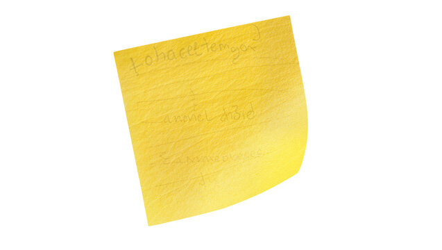 Yellow sticky note with handwritten text, isolated on transparent background