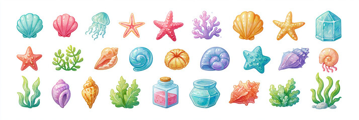 Fototapeta premium Colorful marine elements including shells, coral, and jellyfish in vibrant hues.
