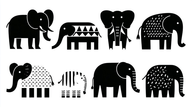 Collection of stylized black and white elephant illustrations in various designs.