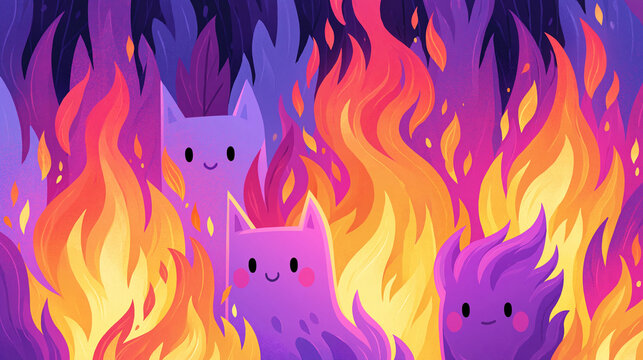 Cheerful cartoon cats playfully surrounded by vibrant flames in a colorful scene.