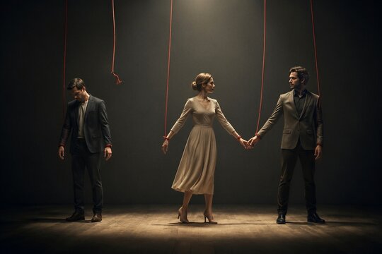 Conceptual Image of People as Puppets with Red Strings of Fate
