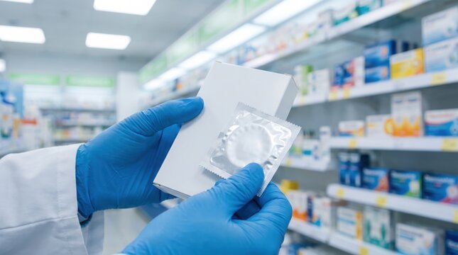 Pharmacist wearing blue gloves holding a blank white box and a condom in pharmacy with packaged condom inside medical gloves holds pharmaceutical contraception contraceptive professional chemist