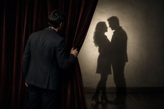 Man Peeking Through Red Curtain at Couple Silhouette
