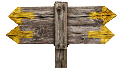 Weathered wooden directional signpost with yellow arrows, isolated on transparent background © Sophie