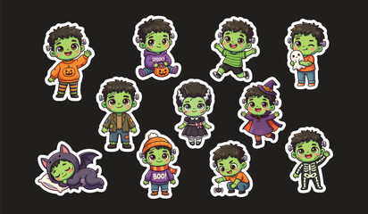 Fototapeta premium Cute chibi halloween frankenstein monster poses and vampire costume stickers set on dark background with chibi monsters skeleton costume halloween characters spooky stickers cartoon monsters