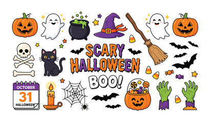 Fototapeta premium Scary halloween boo theme decorative stickers set with ghosts pumpkins and witch hat halloween decorations spooky icons cartoon illustrations vector stickers holiday elements halloween text