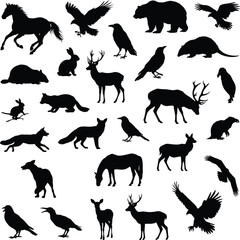 Fototapeta premium Set of wild animal silhouettes including horses, deer, bears, foxes, rabbits, and various birds