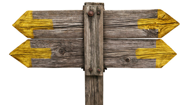 Weathered wooden directional signpost with yellow arrows, isolated on transparent background