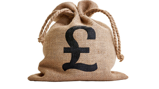 Burlap money bag with black pound symbol, isolated on transparent background