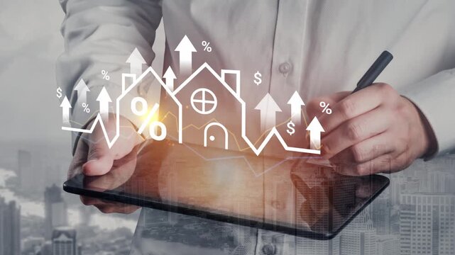 Business person analyzing real estate market trends with tablet and growing graph arrows, illustrating investment potential and property valuation insights Gluon.