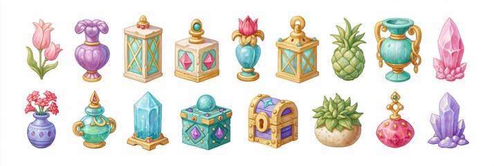 Fototapeta premium Colorful collection of decorative items including vases, lanterns, and crystals.