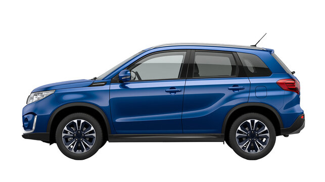 Blue Suzuki Vitara SUV parked, isolated on transparent background