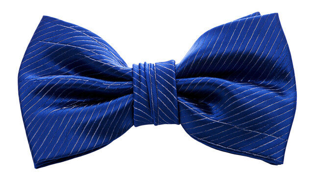 Royal blue satin bow tie with thin silver pinstripes, isolated on transparent background