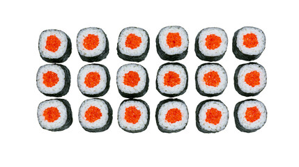 Arrangement of maki sushi rolls with bright orange roe filling, isolated on transparent background © Sophie