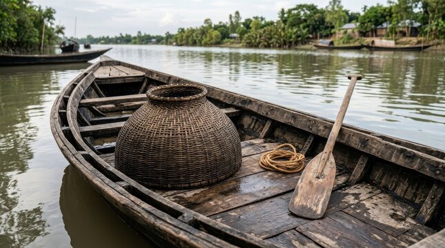 Traditional wooden boat with a woven fish trap and a paddle on a calm river in a rural village setting