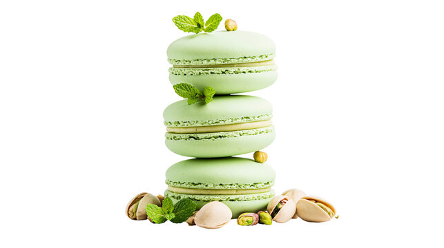 Stack of three green pistachio macarons with mint leaves and pistachios, isolated on transparent background