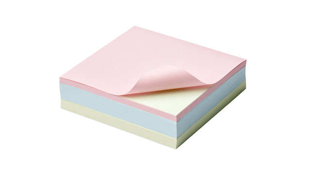 Stack of pastel colored sticky notes with one pink sheet peeled back, isolated on transparent background
