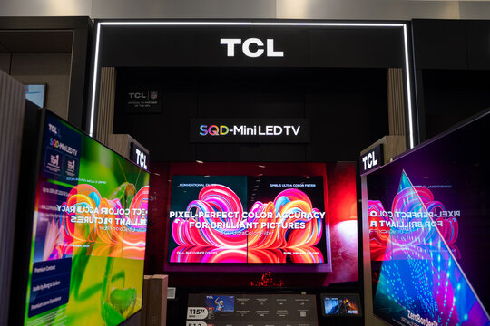 View of TCL Mini LED television display inside electronics store. Toronto, Canada - August 5, 2026.