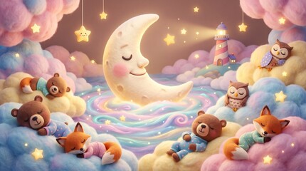 Fototapeta premium Cute Sleeping Animals on Pastel Clouds Around Smiling Moon and Lighthouse