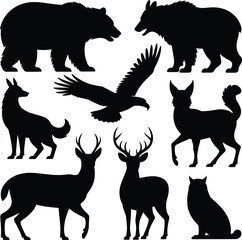 Obraz premium Set of wild animal silhouettes including bear, wolf, eagle, and deer