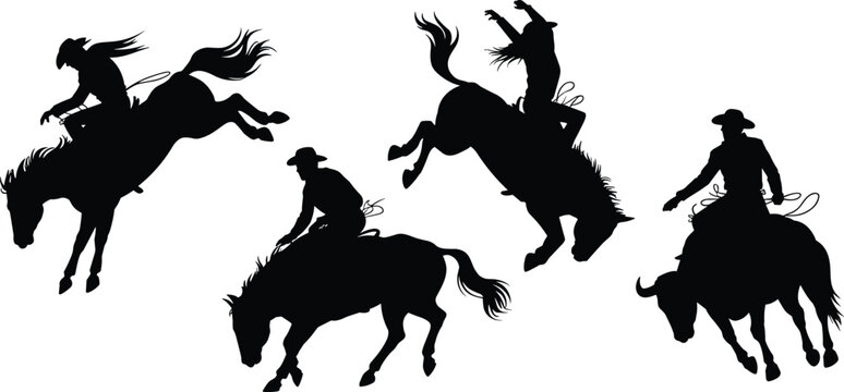 Set of rodeo cowboy silhouettes riding bucking horses and a bull