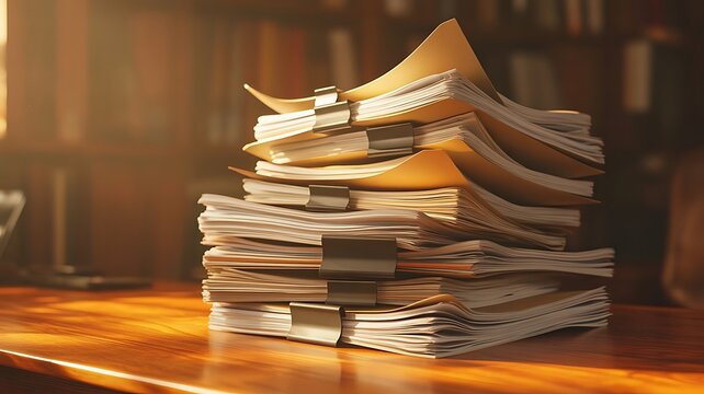 A large stack of paper documents and files secured with metal binder clips on a wooden desk in a warm, dimly lit office environment at sunset
