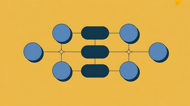 Abstract blue network structure with circular nodes and rectangular links on a yellow background, symbolizing data flow and system architecture