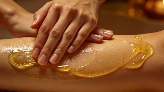 Depositing golden gel, therapist hands massaging client's shin at spa with candles for treatment