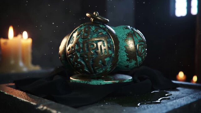 Rotating ornate double-sphered amulet turning on circular stand at stone plinth, revealing symbols