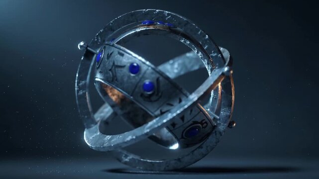 Rotating after motion, metal armillary turning on dim studio, showing runic marks, blue gems, dust