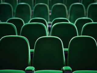 Obraz premium Rows of empty green cinema seats receding into the distance. Theatre auditorium, film screening, live performance and audience seating in entertainment venue
