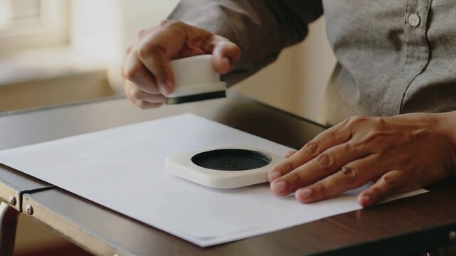 Placing stamp on pad, man in gray shirt aligning pressing marking papers at desk by window