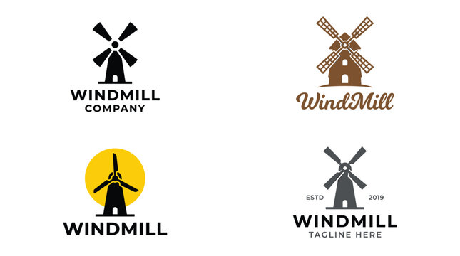 Windmill company logo collection featuring vintage agricultural structures and modern green energy silhouettes for corporate branding identity