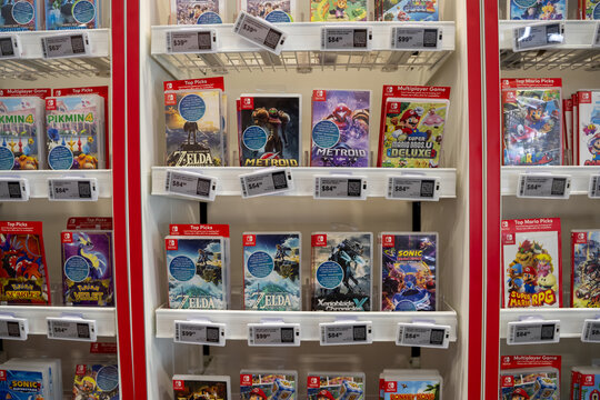 View of Nintendo Switch video games on retail shelves. Toronto, Canada - August 5, 2026.