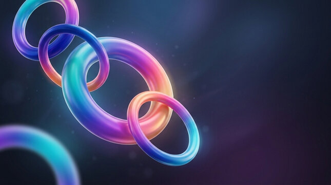 Digital 3d render of colorful circular shapes suspended in air against dark backdrop, creative geometric design with glowing edges, futuristic technology concept for modern web banners