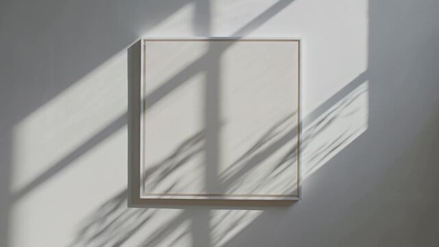 Sliding plant shadows drifting across wood frame and pale wall indoors from sunlight through window