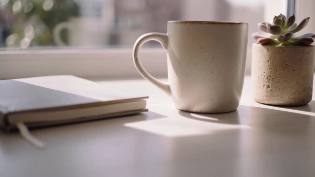 Moving camera slowly zooming toward desk by window framing speckled mug journal succulent