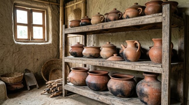 Rustic interior of a traditional earthen house featuring wooden shelves filled with various handmade clay pots and kitchen utensils
