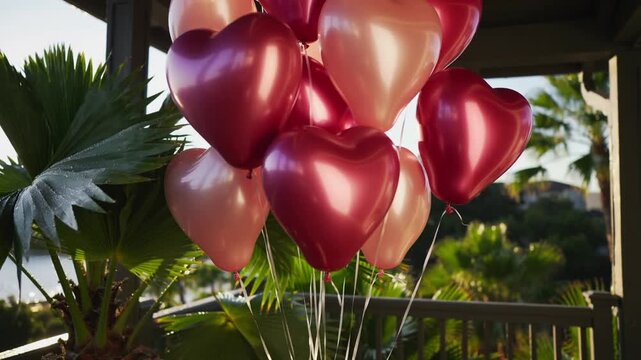 Cluster of metallic heart balloons shifting on porch, breeze and camera revealing palm and strings