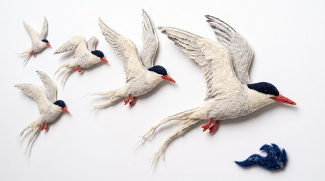 Five Arctic terns flying in formation with blue waves below  