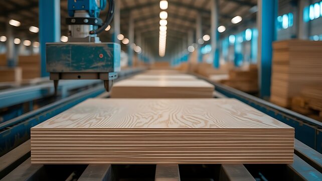 Robotic arm lifting a stack of wooden plywood sheets on a conveyor belt in a modern industrial factory setting with bright overhead lighting system