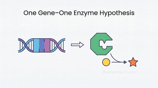 One gene-one enzyme hypothesis illustration showing biochemical pathways and protein function in vector style