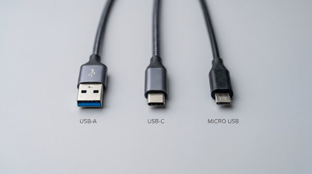 USB-A USB-C and Micro USB cables comparison on white