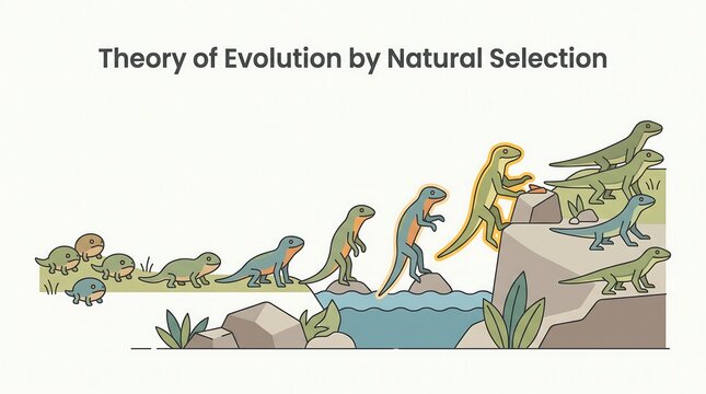 Theory of evolution by natural selection showing lizard adaptation and environmental survival in colorful vector graphic