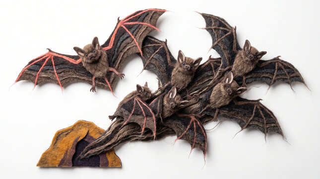 Bats emerging from cave with detailed wings and natural colors  
