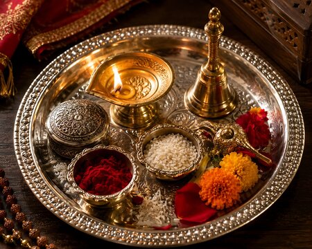 Diwali Puja Thali with Diya Bell and Sindoor on Silver Plate
