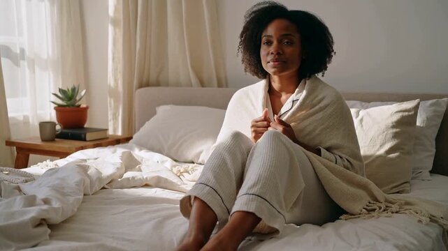 Wrapping woman in pajamas responding to sunlight, pulling shawl over shoulders on bed, seeking calm