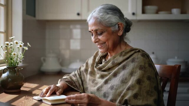 Opening elder Indian woman in wrap turning pages reading journal at home table with vase recalling